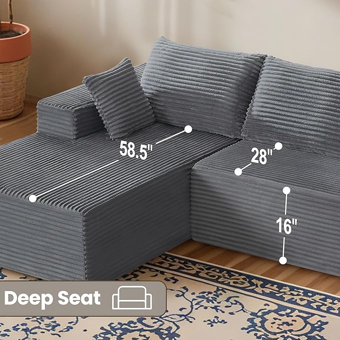 UMBFUN 110" Cloud Sectional Couch for Living Room, Boneless Couch with L-Shape Chaise, Modular Sectional Sofa with Deep Seat, Oversized Modular Sofa for Bedroom, No Assembly Required, Corduroy