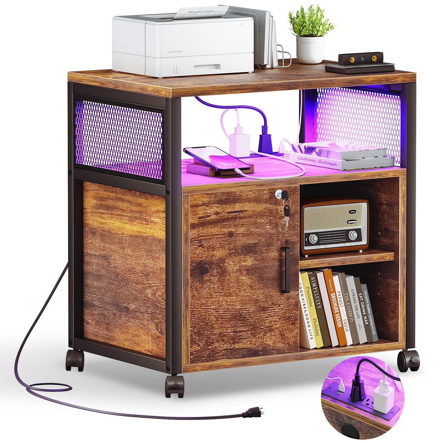 Unikito File Cabinet with LED Lights and Power Outlets, Rolling Printer Stand with Storage and USB Charging Ports, Lateral Office Filing Cabinet for Letter, A4, Legal and File Folders, Rustic Brown