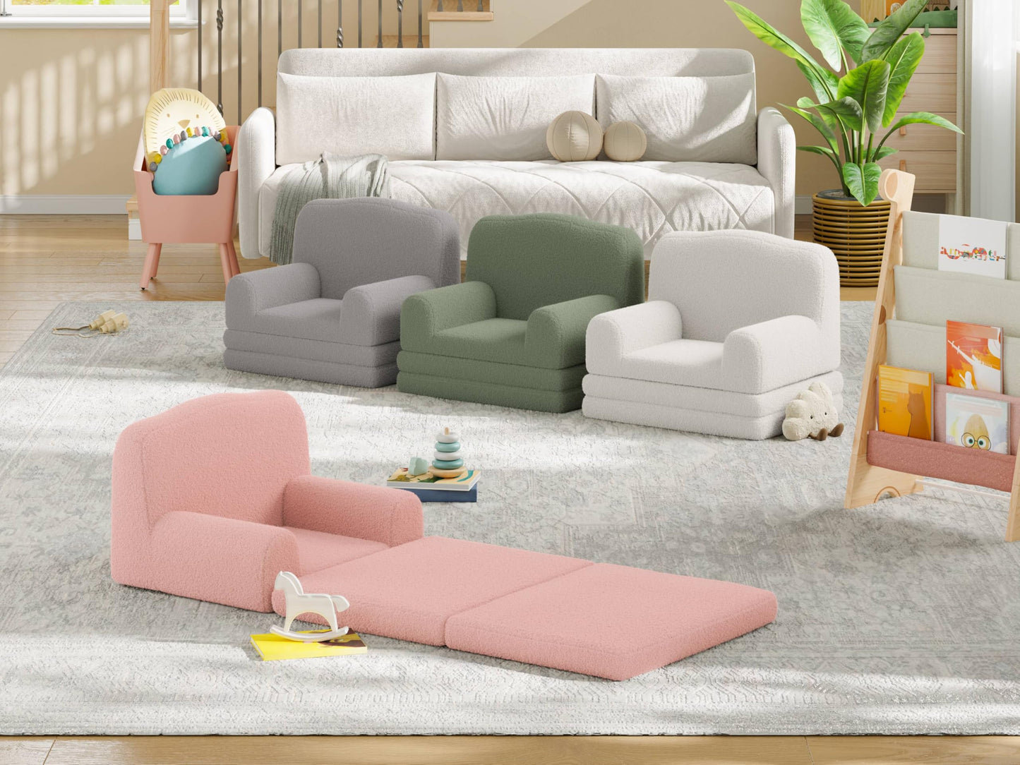 GarveeHome Kids Couch, 2-in-1 Comfy Toddler Couch Fold Out, Convertible Sofa to Lounger Foam Kids Chair with Soft Sherpa, Gift for Girls and Boys (Green-Crown, Large)