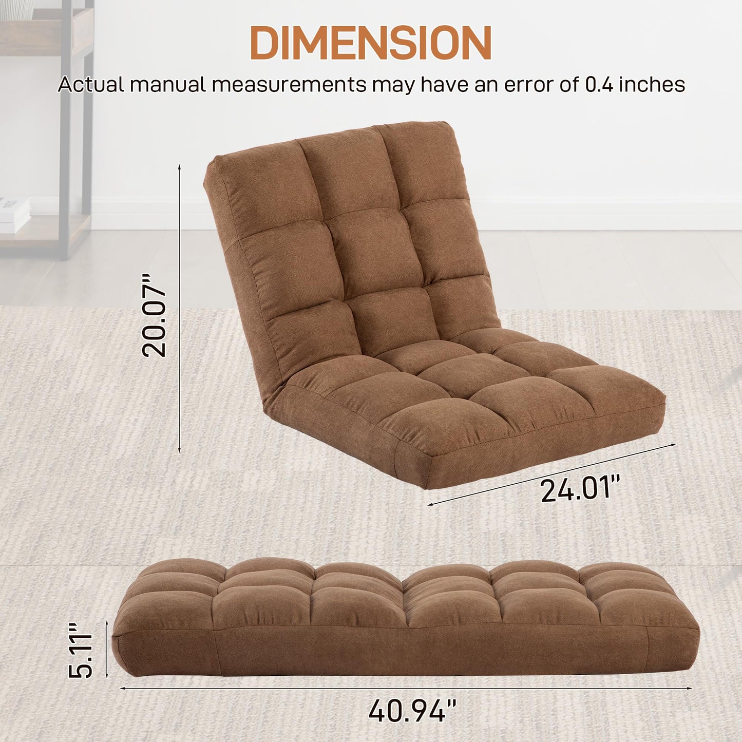 YI DANICA Floor Chair with Back Support Folding Chair with 6 Adjustable Position, Padded Sleeper Bed, Floor Gaming Chair, Meditation Chair, Gaming Floor Chairs for Adults (Country Rustic, Tan)