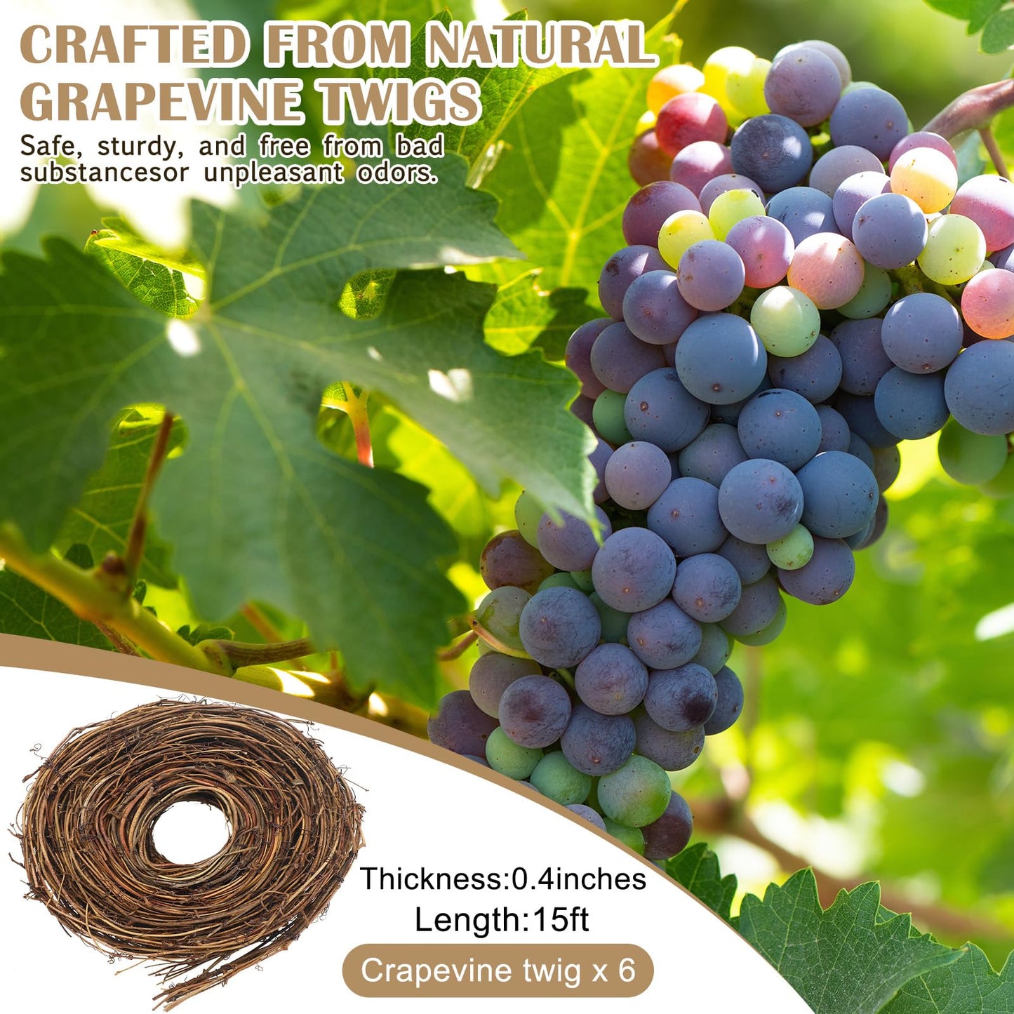 Janinka 6 Pcs Grapevine Garland Natural Grape Vine Wreath for Crafts DIY Twig Garland Rattan Hanging Vine Wreath for Wedding Christmas House Holiday Door Vase Wall Home Decor (90ft)