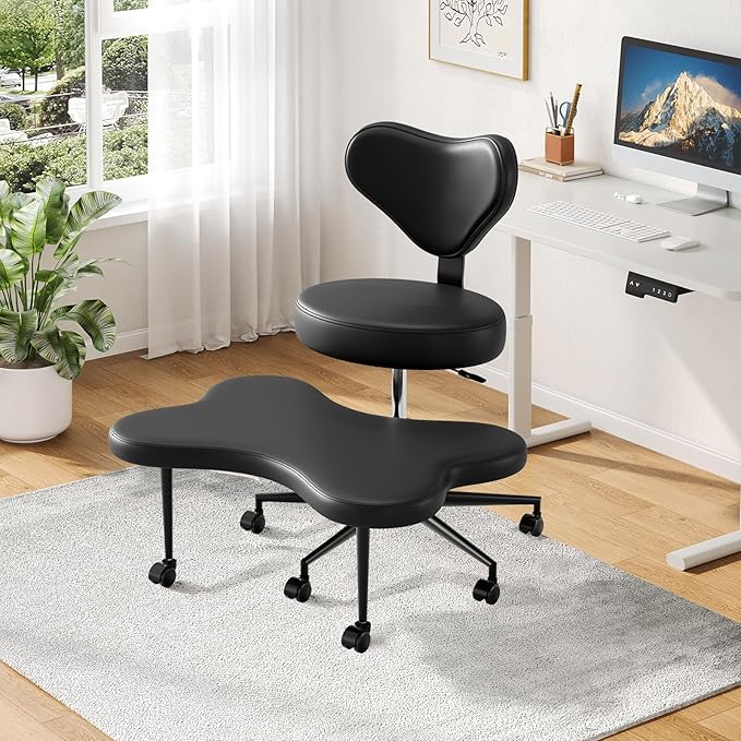 Nost & Host Cross Legged Office Chair with Wheels, 4INCH ADHD Chair for Adults, Meditation Chair, Height Adjustable Seat, Yoga Chair, PU Leather, Black