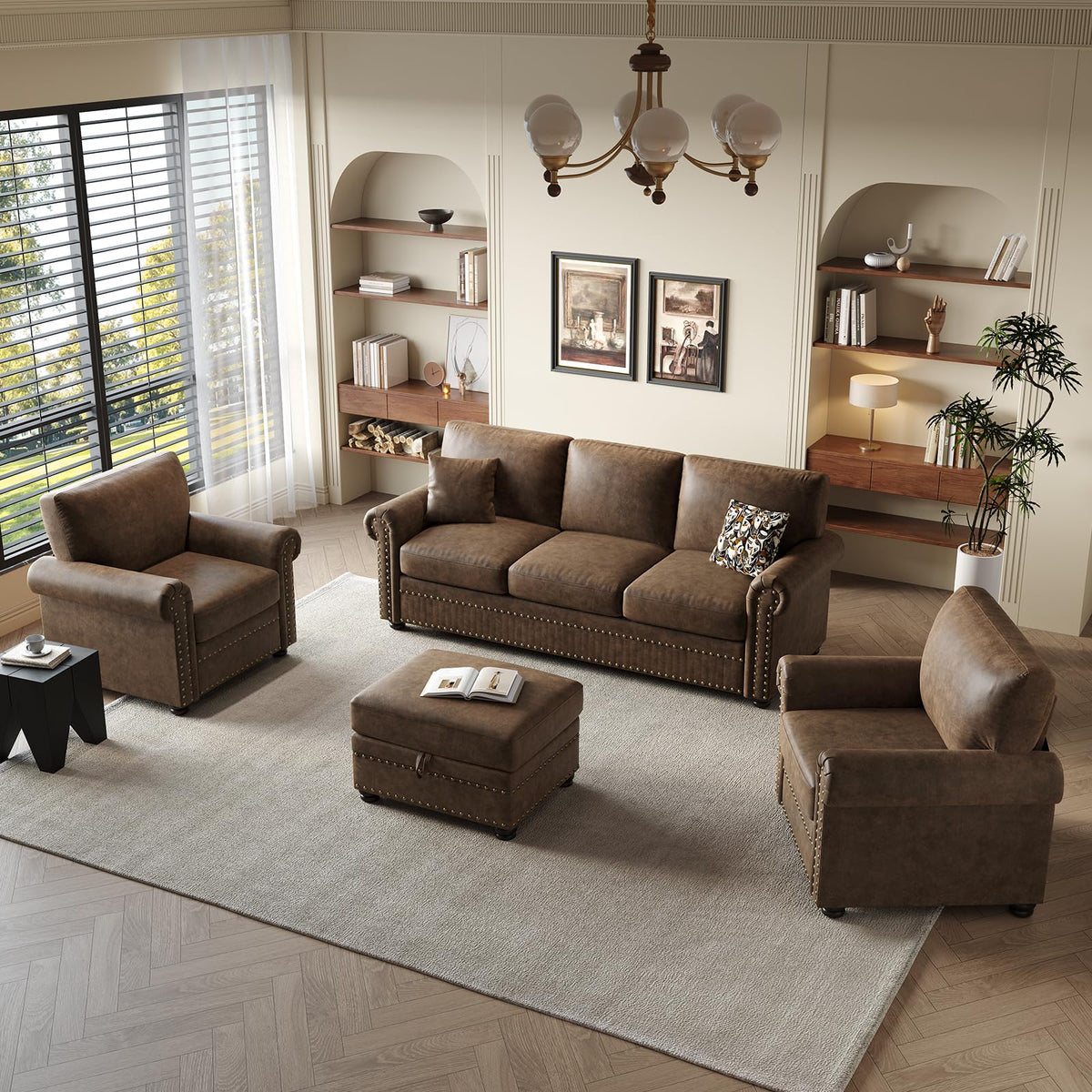 ONBRILL Faux Leather Accent Chair, Nailhead Trim Armchair for Living Room, Rolled Arms Single Sofa Chair, Springs Cushions, Solid Wood Legs, Comfy Upholstered Club Chair for Bedroom, Apartment, Brown