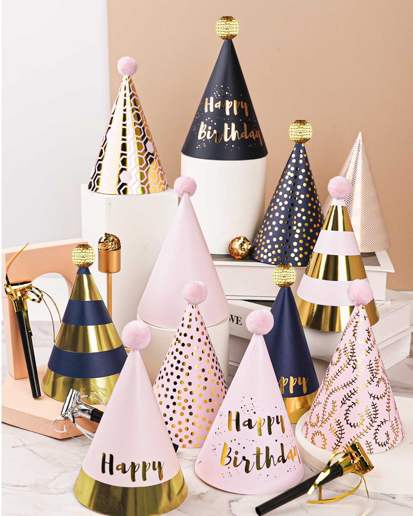 JOYEONDEF 56 Pcs Pink and Gold Birthday Party Hats Gold Cone Hats Includes 24 Birthday Paper Hats and 32 Noise Makers for adults kids women