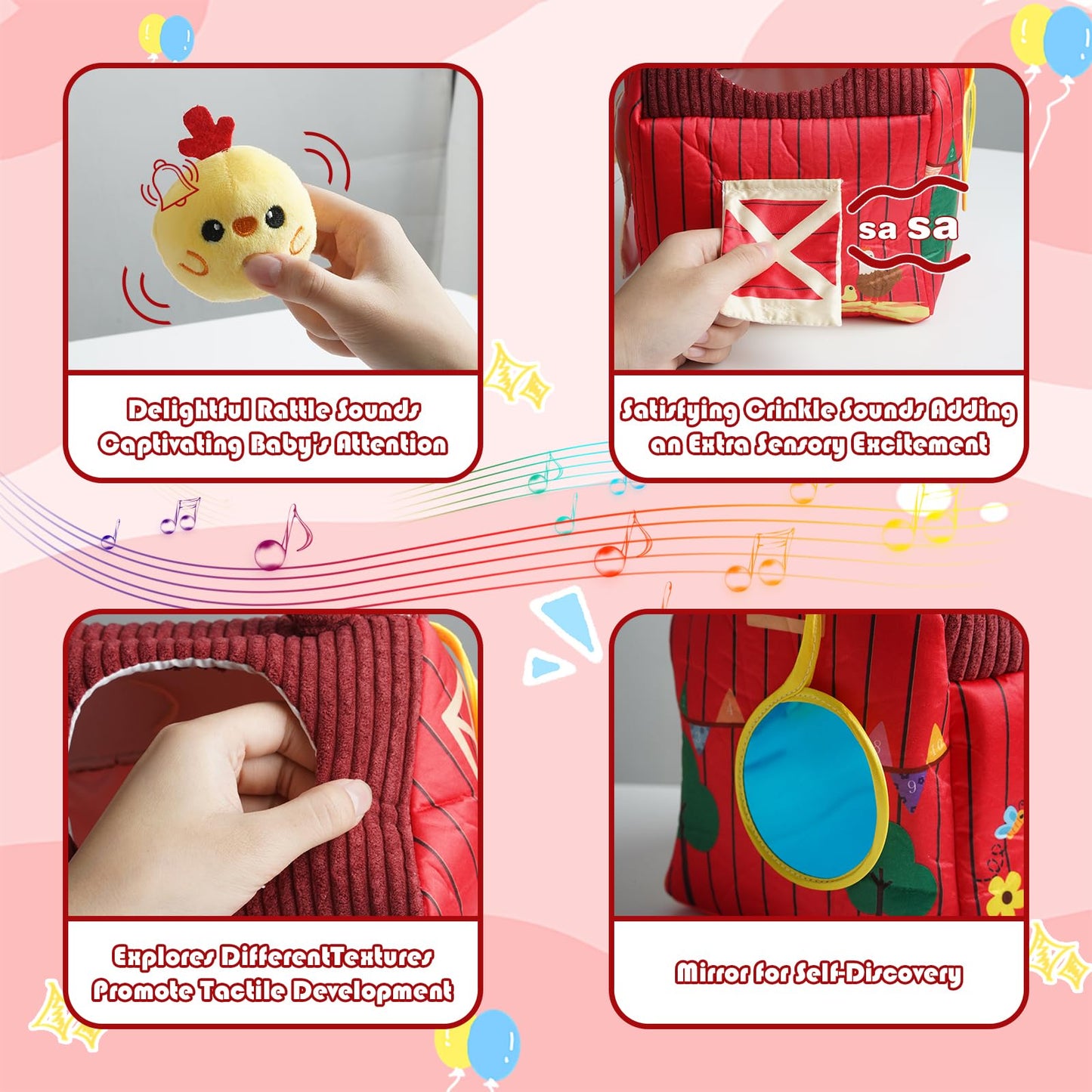 YideOtmz Baby Montessori Toys 6-12 Months, Busy Sensory Toys for Toddlers 1-3, Plush Big Red Barn with Stuffed Farm Animals, Rattle, Crinkle,Christmas Easter Birthday Gifts for Baby Boys Girls