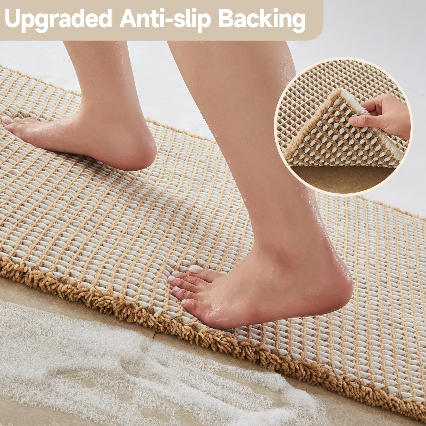 Waffle Bath Mat, Boho Bathroom Rugs Non Slip Washable Super Absorbent Quick Dry Bath Mat Farmhouse Bathroom Decor, 36"x24" Khaki and White