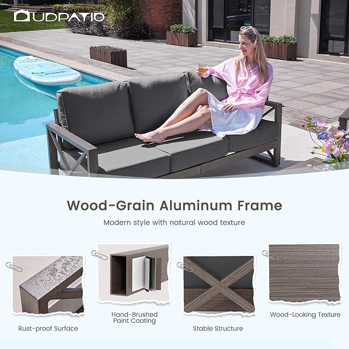 UDPATIO 5 Piece Aluminum Patio Furniture Set with Fire Pit Table,Faux Wood Patio Conversation Set with Olefin Fabric Thick Cushions, Aluminum Outdoor Furniture, 600D Waterproof Cover Included, Grey