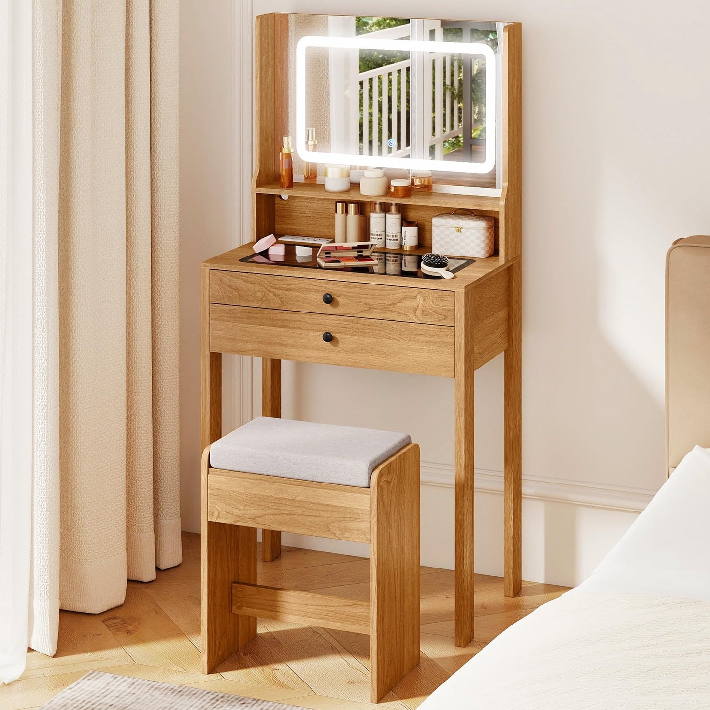 CHARMAID Compact Vanity Desk with Lighted Mirror, Built-in Charging Station, Glass Desktop, 2 Drawers & Padded Stool, Small Makeup Vanity Table for Bedroom, Apartment, Dorm, Rustic Oak