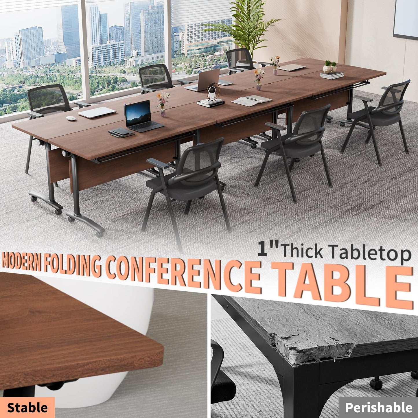JNMDLAKO Modular Folding Conference Table with Locking Wheels, 8 Pack Flip Top Mobile Training Table, Modern Meeting Seminar Tables for Office, Hotel Conference Room(8,Walnut,71" L x 21" W x 29" H)