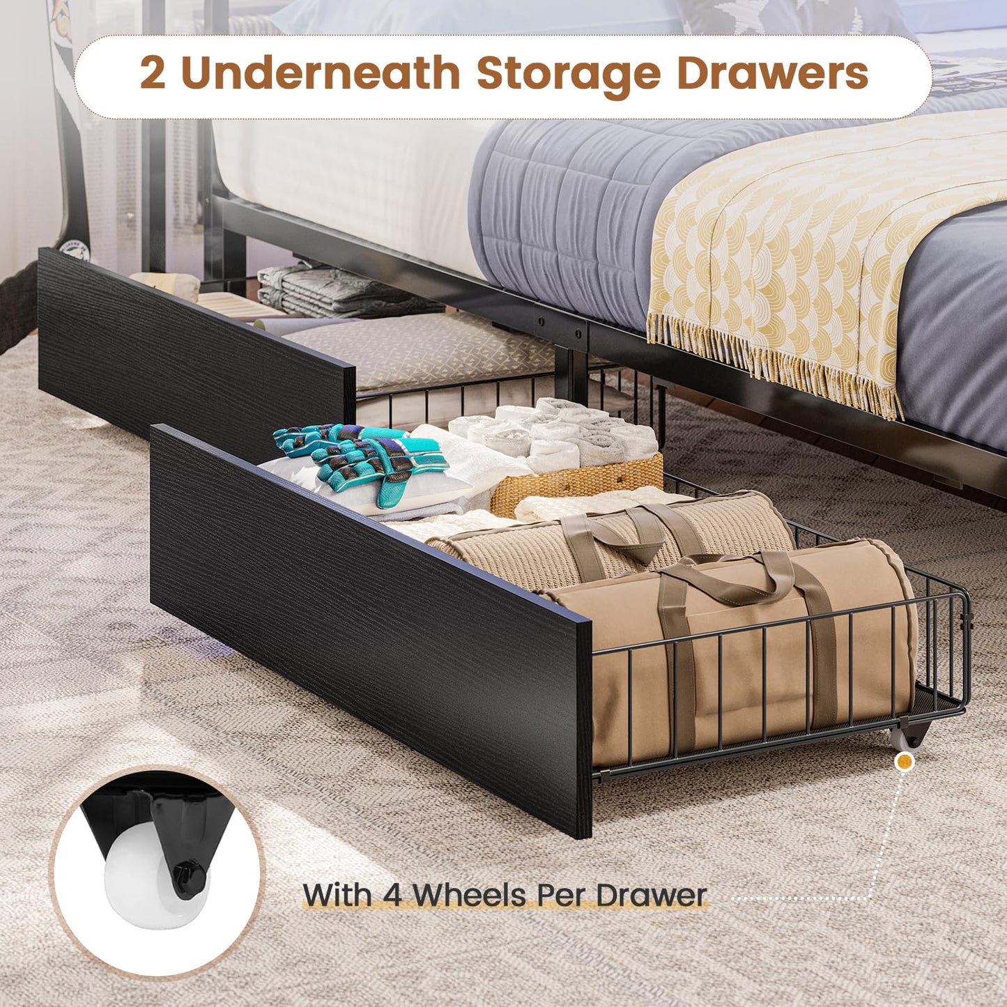 Hasuit Full Corner Bed Frame with Storage Bookcase, Full Size Daybed with 2 Underneath Storage Drawers, Kids Bed Unit with Charging Station and LED Light, Modern Teenagers Bedframe, Black