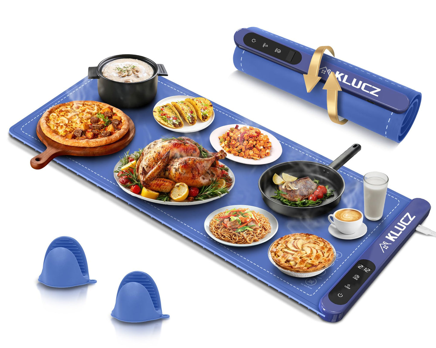 KLUCZ Food Warming Mat, Foldable Silicone Graphene Quickly Heating Food Warmer with 6 Adjustable Temperature and 6H Timer Function for Buffets Parties, Great Gift for Women Mother (XL-Blue)