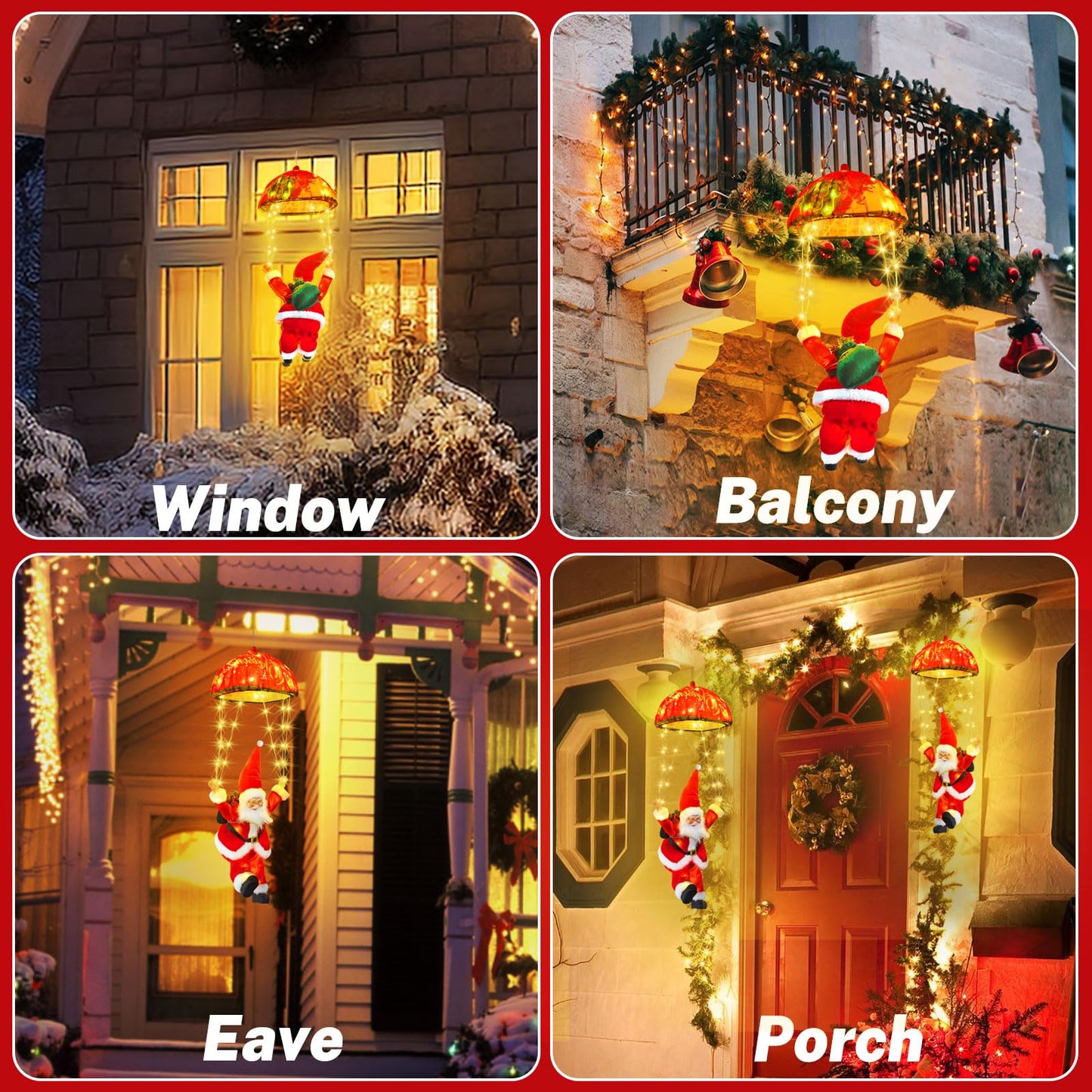 JNOEC Christmas Lights Outdoor Indoor, Santa Claus Parachute LED Lights, 8 Modes & Timer Christmas Decorations Lights Outside Inside for Window, Garden, Home, Porch, Xmas Tree Decor (Warm White) ﻿