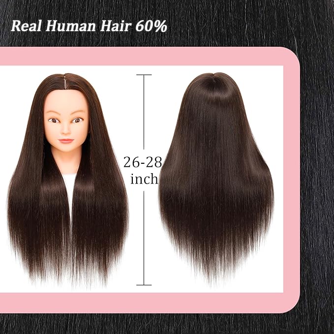 Mannequin Head Human Hair for Cosmetology, Manikin Head with 80% Real Hair for Styling Doll Head Braiding Practice Mannequin Heads Hairdresser Hairstylist Kids with Free Clamp Holder (Dark Brown 4#)