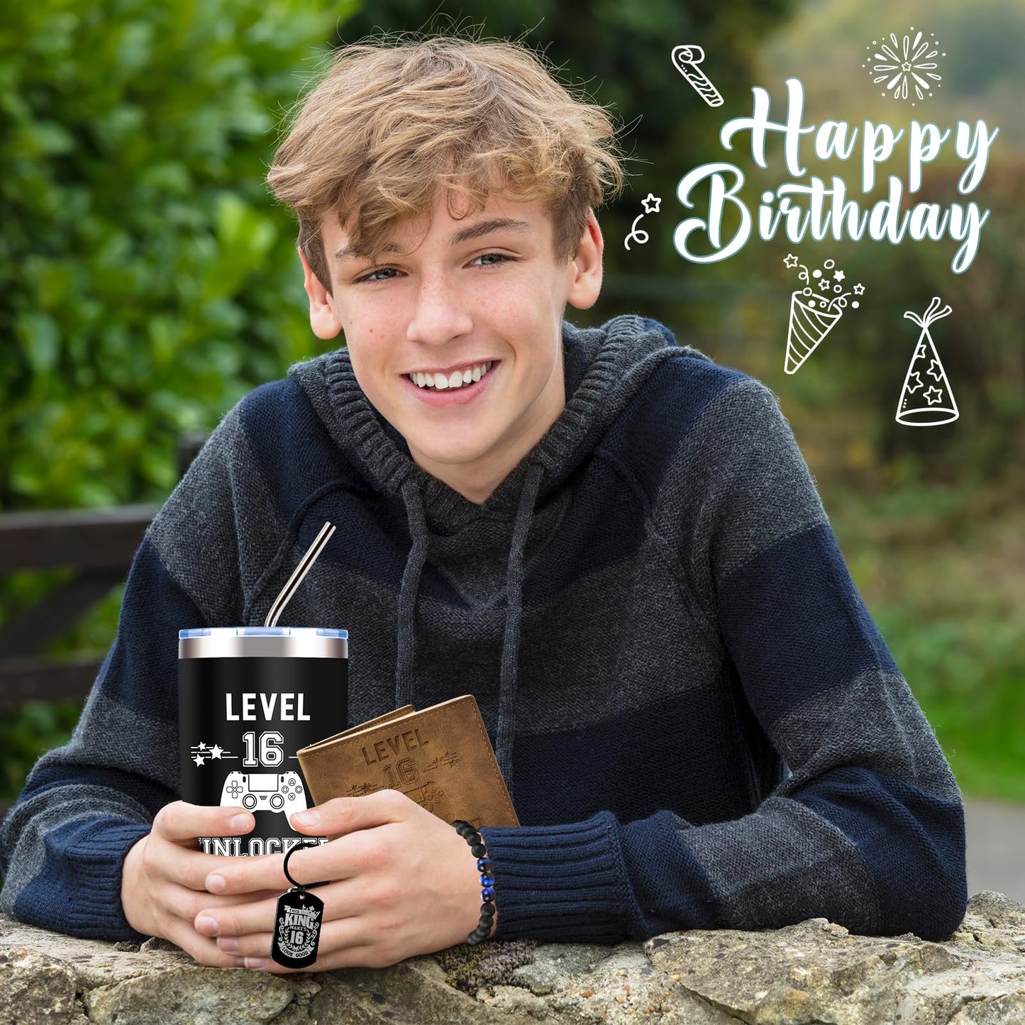 JTAMOHI 8 Pcs Happy 16th Birthday Gifts for Boys, 16 Year Old Boy Birthday Gifts Ideas with 20 Oz Tumbler, Funny Socks, Toilet Paper, Teen Wallet, Bracelet, Keychain for Son, Nephew, Grandson, Brother
