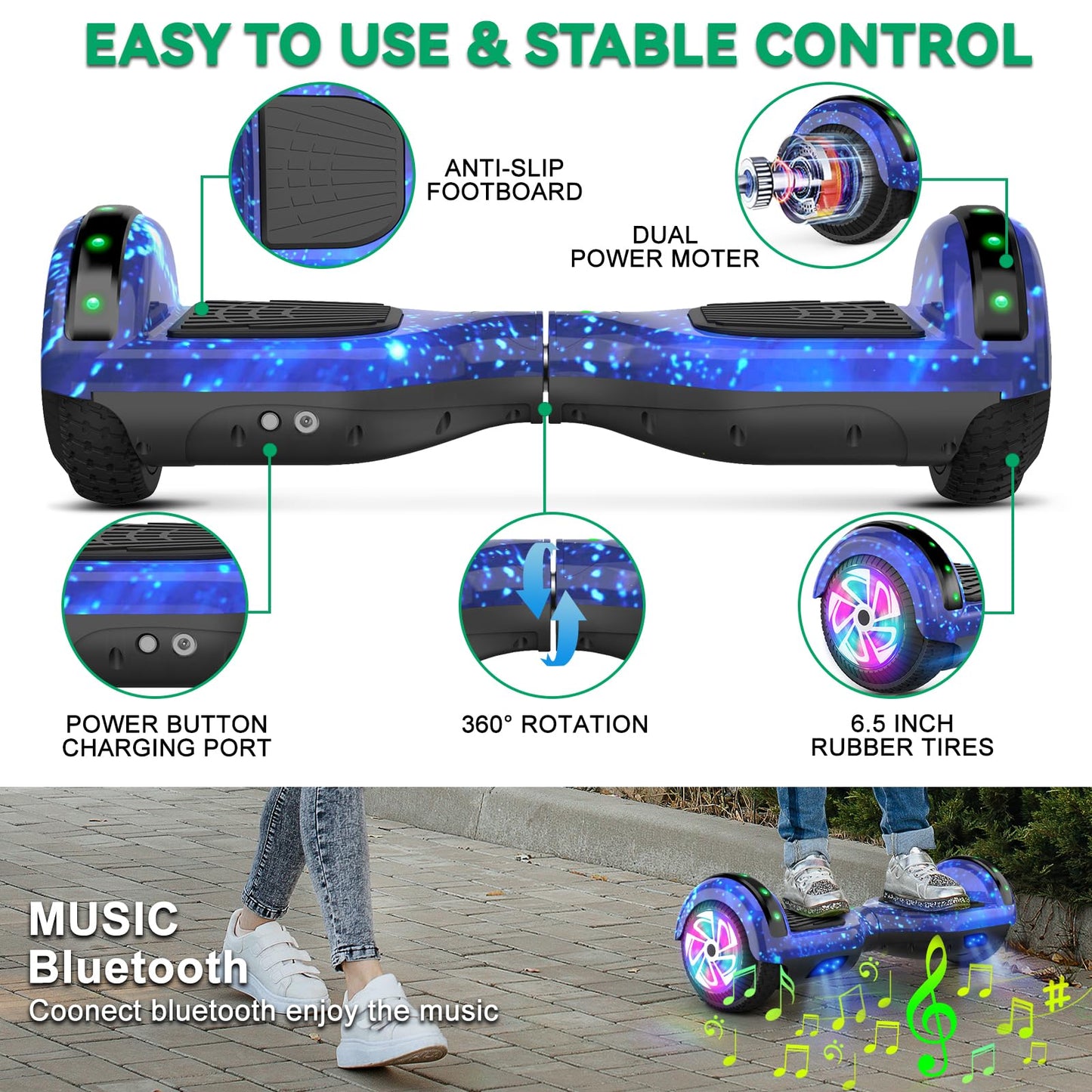 Scooter with Seat Attachment for Kids Adults, 6.5'' 8.5''Balancing Scooter with Bluetooth Speakers & Colorful LED Light with kart