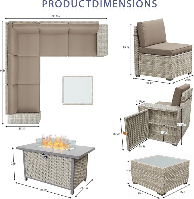 Broivira 7 Piece Patio Furniture Set with 50,000 BTU Rattan Fire Pit Table That Converts to Coffee Table, 9.8" Wide Arm Sectional Sofa with Storage Armrests, Outdoor Rattan Conversation Set, Khaki
