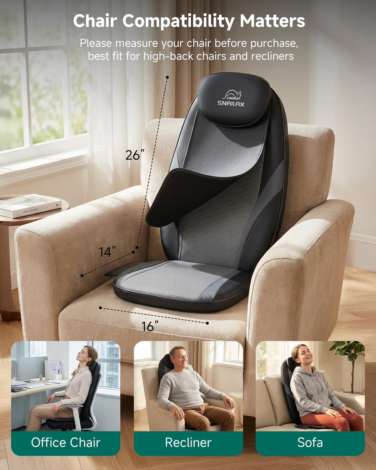 Snailax 2026 Upgraded Shiatsu Roller Back Massager with Heat Massage Chair Pad Kneading Back Massager for Pain Relief Deep Tissue Chair Massage Pad for Office Home