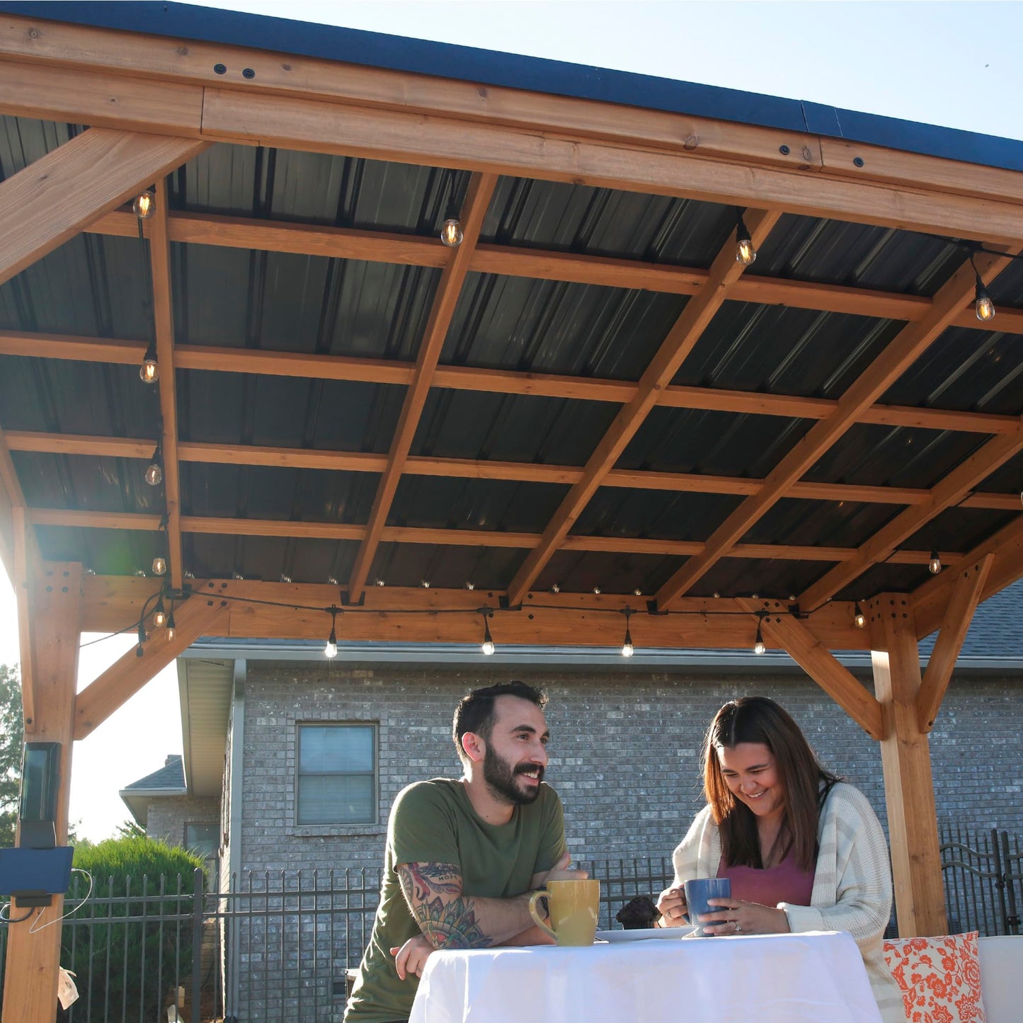 Backyard Discovery Arcadia 14' x 12' Cedar Wood Outdoor Gazebo Pavilion with Hardtop Galvanized Steel Slope Roof, Snow Support, Wind Resistance, PowerPort, Shade for Garden, Patio, Deck, Entertaining