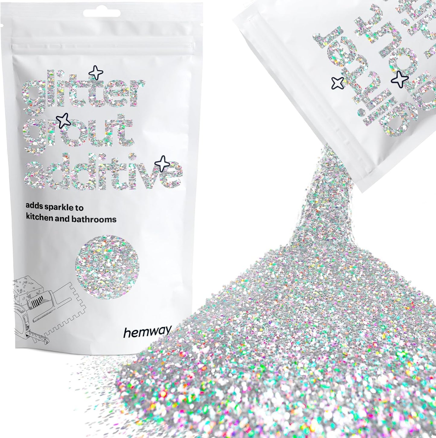 Hemway Glitter Grout Additive add Sparkle to Mosaic Tiles, Bathrooms, Wet Rooms, Kitchens, Tiled Based Rooms and Cement Based Grouts 100g / 3.5oz - Silver Holographic