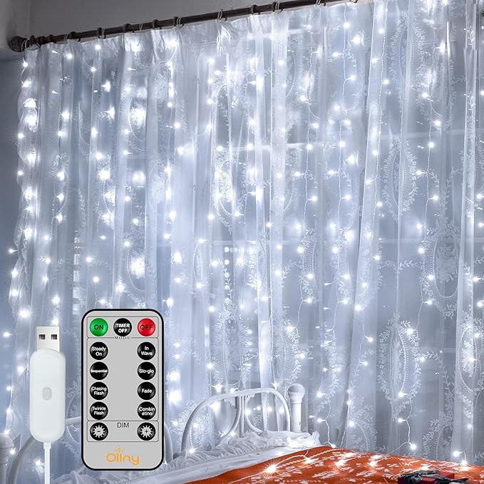 Ollny Curtain Lights 6.6x6.6ft, 200 LED White Christmas Lights with Remote 8 Modes Dimmable Timer, USB Power String Light ...