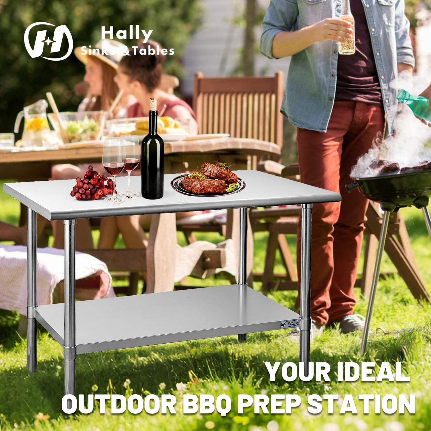 Hally Stainless Steel Table for Prep & Work 18 x 24 Inches, NSF Commercial Heavy Duty Table with Undershelf and Galvanized Legs for Restaurant, Home and Hotel