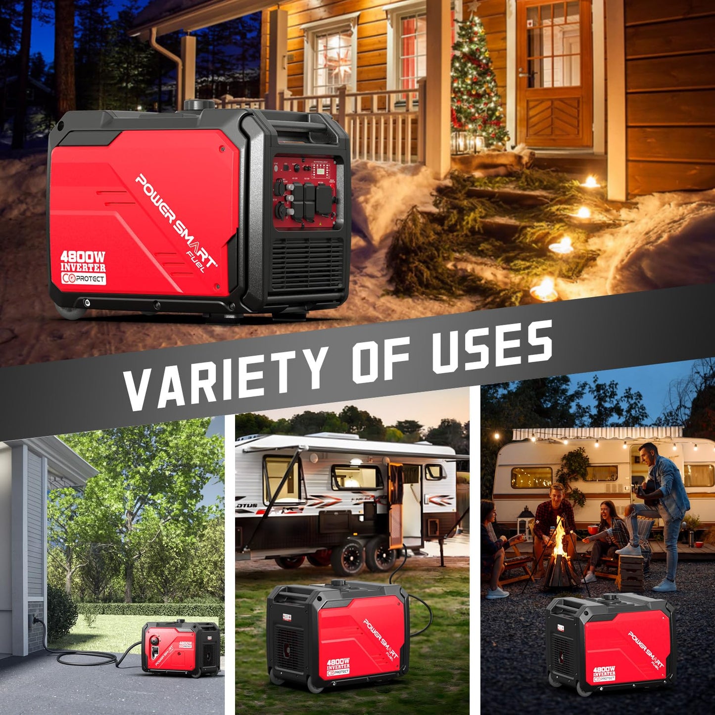 PowerSmart 4800W Portable Inverter Generator, Gas Power with Electric Start, Quiet & Parallel Ready and 30A Outlet, CO Guard, RV Ready & Home Backup, Gas Powered, Quiet & Clean Power