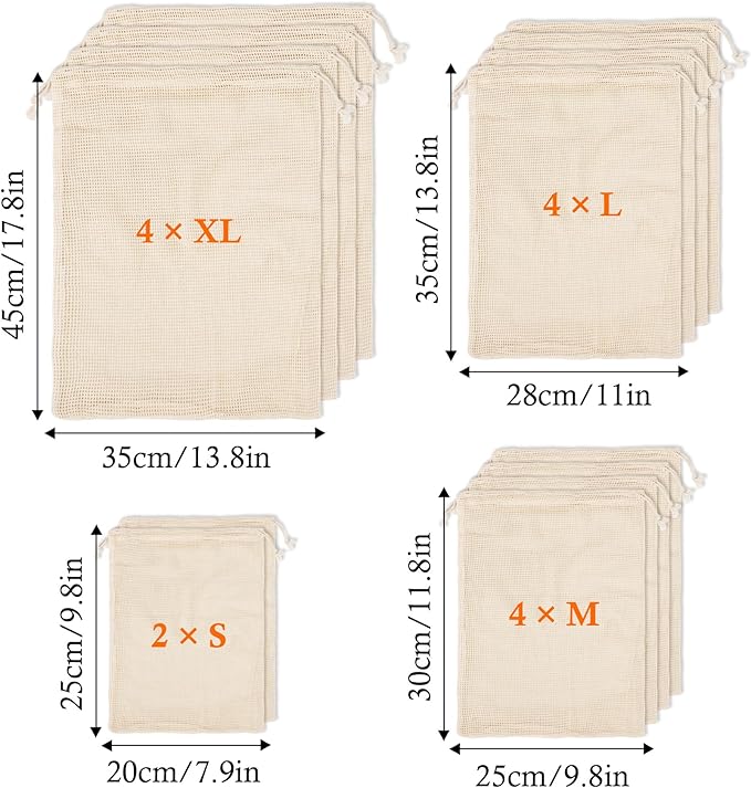 Klmnop 14 Pack Reusable Cotton Mesh Produce Bags, Vegetable Produce Drawstring Bags Washable, Mesh Bags for Grocery Vegetables & Fruits Shopping, Refrigerator Storage 4xS, 4xM, 4xL, 2xXL