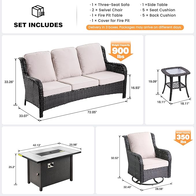 ovios 5 Pieces Patio Furniture Set, Outdoor Wicker Sofa Couch with Swivel Chairs 42" Fire Pit Table, High Back Modern All Weather Conversation Sets, Brown Rattan, Beige