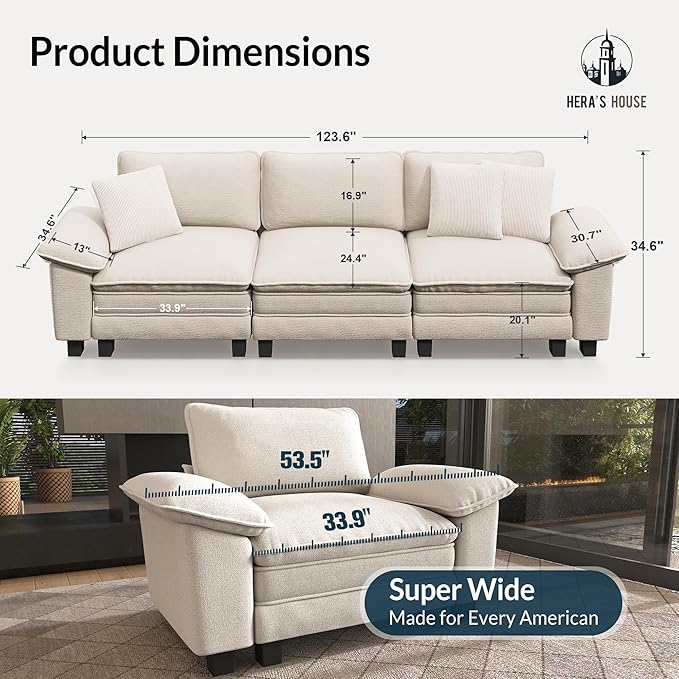 HERA'S HOUSE 124" Modular Sectional Sofa, Oversized Couches for Living Room, Comfy Cloud Couch 3-Seater Deep Seat Sofa with Throw Pillow, Chenille Beige