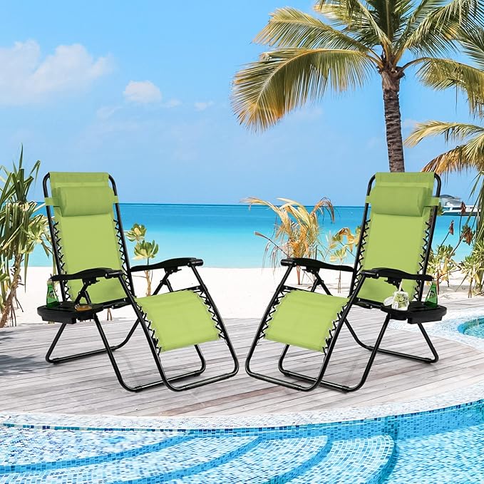 Tangkula Set of 2 Zero Gravity Chair, Folding Patio Lounge Chair Adjustable Outdoor Recliner with Cup Holder, Wide Armrest for Patio Garden Poolside Outdoor Yard Beach, Support 350 lbs (2, Green)