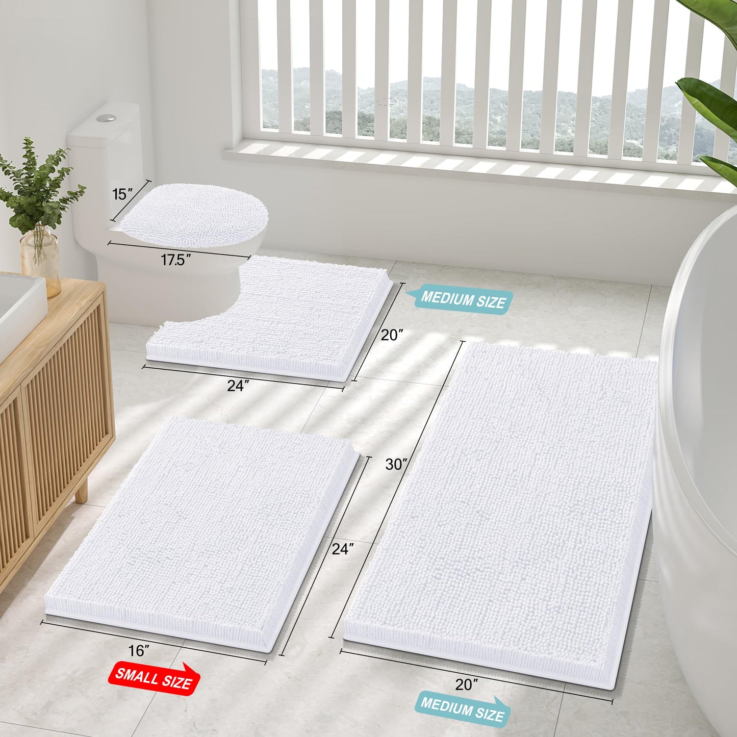 Smiry Luxury Chenille Bathroom Rugs 24x16, Extra Soft and Absorbent Shaggy Bath Mat, Machine Washable, Non-Slip Plush Carpet Runner for Tub, Shower, and Floor, Home Decor Accessories, White
