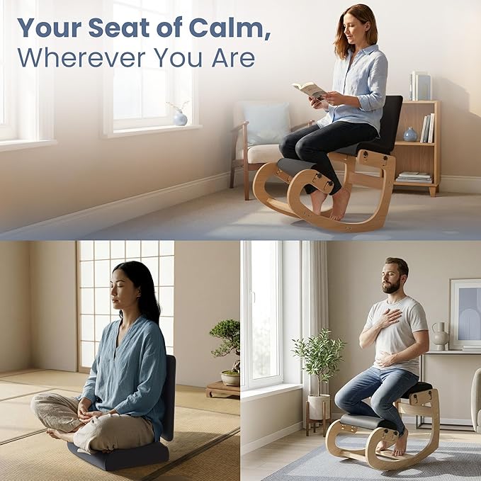 Mind Oasis Ergonomic Kneeling Chair with Back Support - Knee Chair Ergonomic for Office w/Upholstered Fabric - Adjustable Rocking Stationary Correcting Stool, Meditation Desk Stool for Better Posture