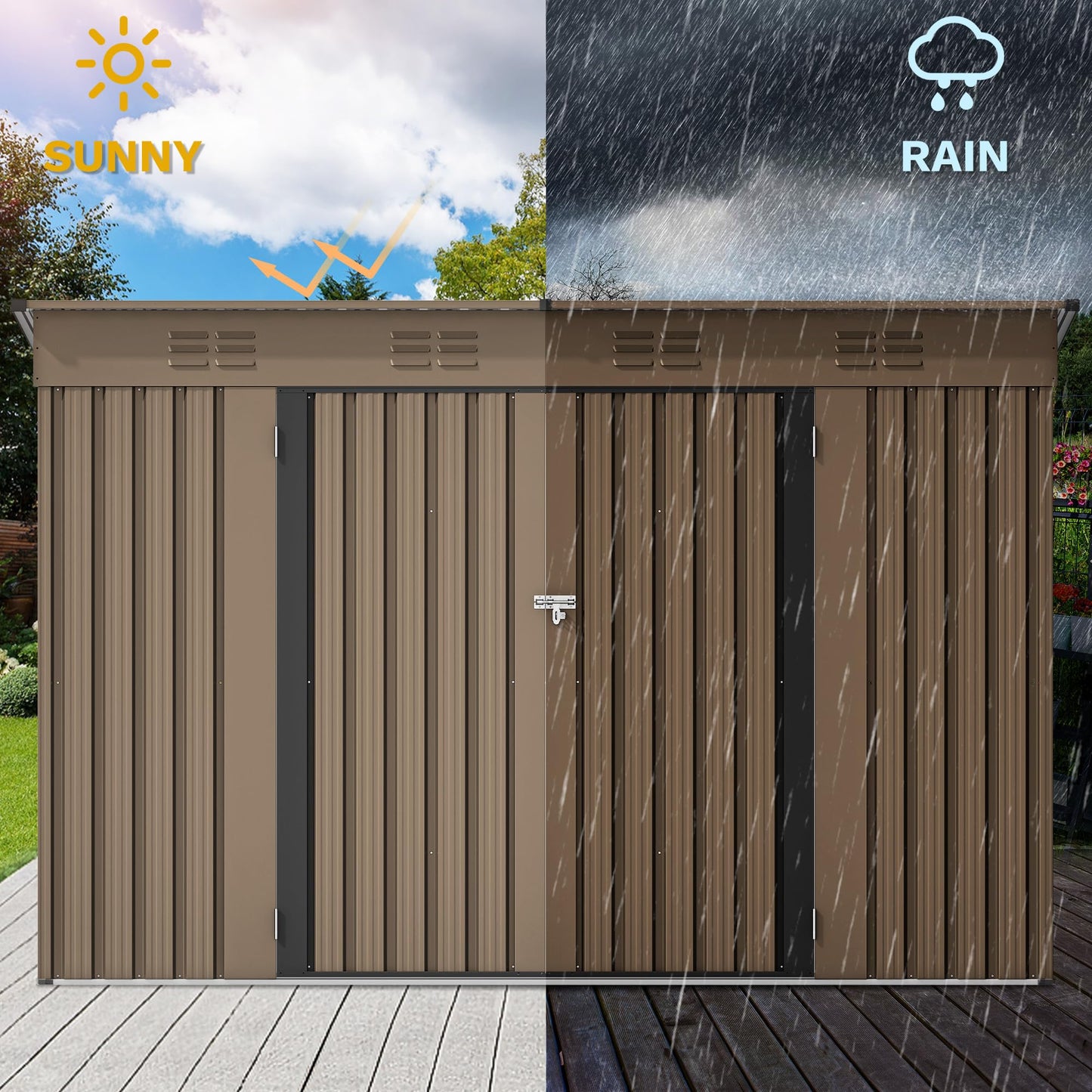 DWVO 9x4ft Large Outdoor Storage Shed, Metal Tool Sheds, Heavy Duty Tool Storage with Lockable Doors & Air Vent for Backyard Patio Lawn to Store Bikes, Tools, Lawnmowers,Brown