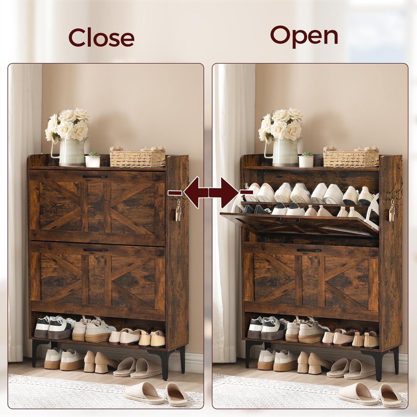 MAHANCRIS Shoe Storage Cabinet, Shoe Organizer with 2 Flip Drawers, Hidden Shoe Storage for Entryway, Freestanding Organizer with Open Storages, Rustic Brown SHHR9401N1