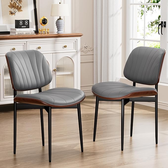 YaFiti Dining Chairs Set of 2, Dining Room and Kitchen Chairs, Mid Century Modern Accent Chair, Upholstered PU Leather Chairs for Vanity with Walnut Bentwood and Metal Legs, Gray