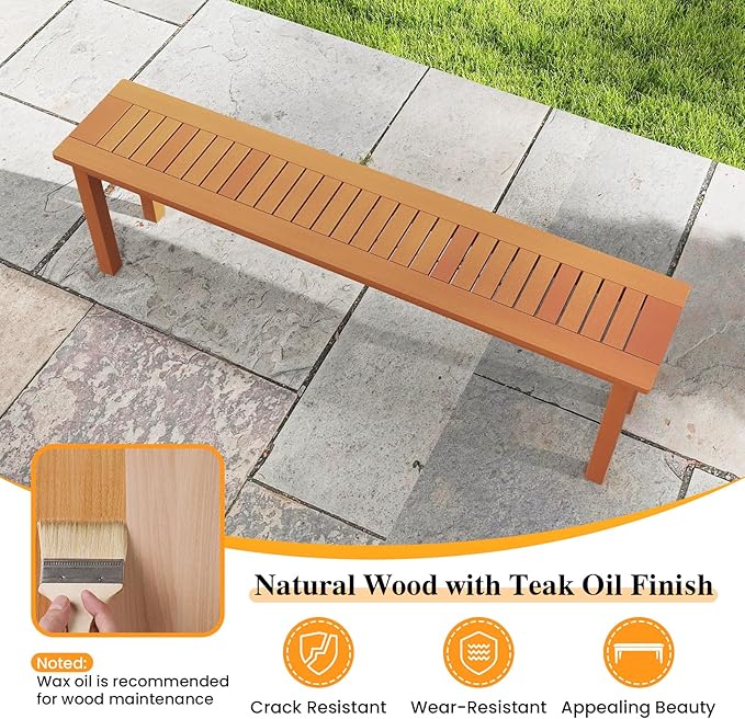 Tangkula Outdoor Wood Bench, 59” Long Patio Dining Bench Set of 2, Backless Wooden Bench with Teak Oil Finish & Slat Seat, Accent Entryway Bench, Farmhouse Bench for Yard, Garden, Porch, Indoors