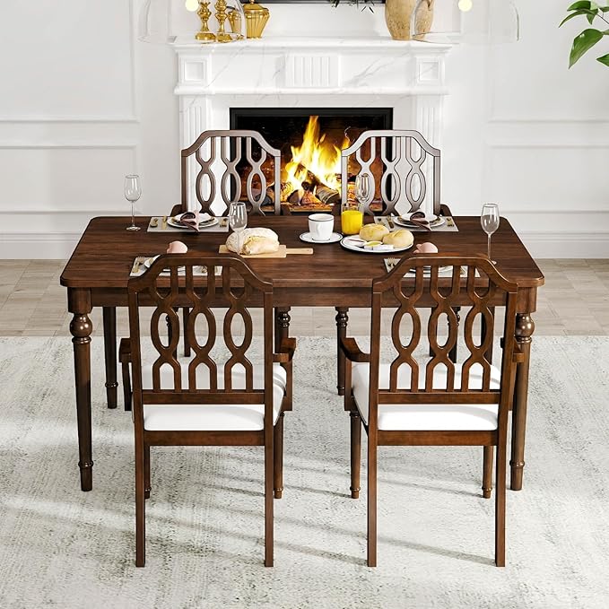 chairus Farmhouse Dining Chairs Set of 4, French Country Vintage Wooden Dining Room Chairs with Arm, Lattice Back & Turned Legs, Rustic Chenille Upholstered Nailhead Trim Kitchen Chairs, Walnut Brown