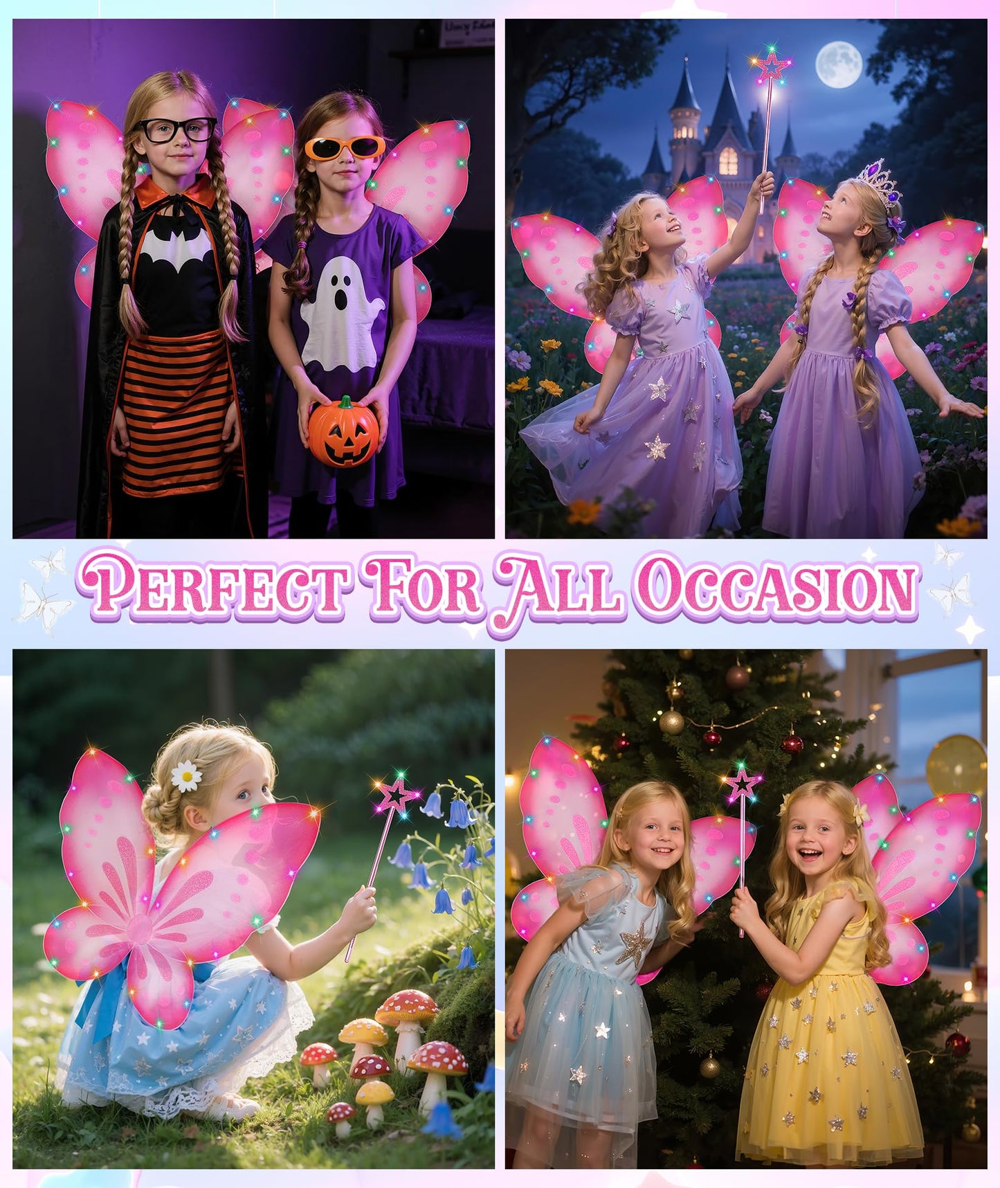 DUDUCOFU Girls Fairy Butterfly Wings with LED Light, Fairy Wings Light Up Star Wands for Girls Kids Women Halloween Dress Up (Pink)