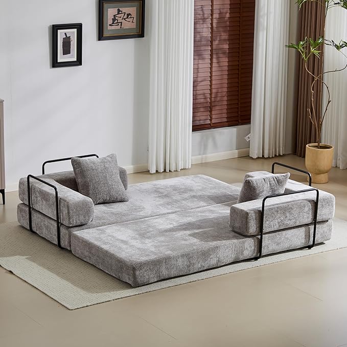 Convertible Couch Sofa Bed Foldable Floor Sleeper | Modern Fold Out Couch | Removable Backrest & Armrests | No Assembly Compression Sofa Sleeper for Living Room, Bedroom | Light Gray Chenille
