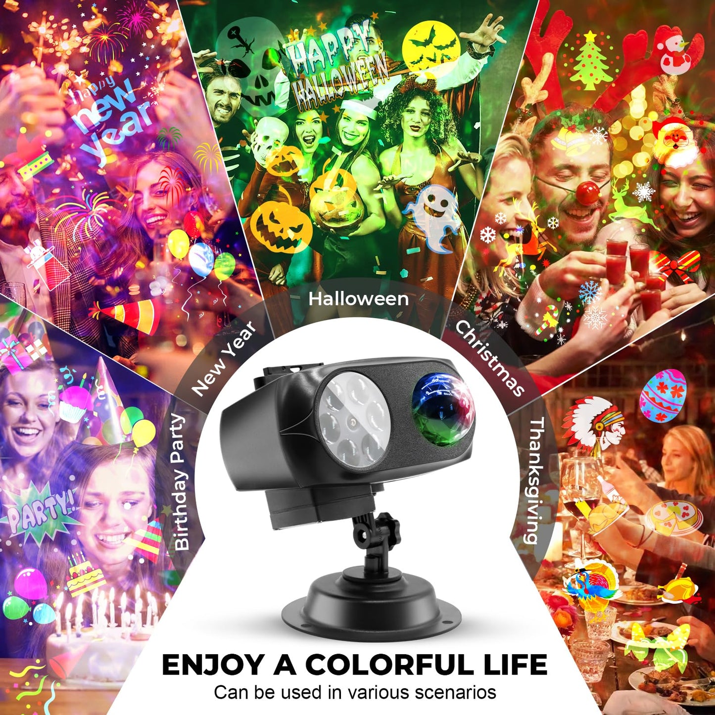 Halloween Christmas Projector Lights Outdoor Waterproof,15W Brighter HD Ocean Wave Effect,12 Slides 96 No Fade Pictures for Thanksgiving,New Year LED Projector Decoration