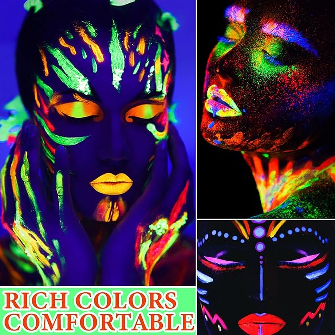 6 Pcs Glow in the Dark Face Body Paint,Blacklight Neon Face & Body Paints,Easily Cleanable Paint Set Neon Makeup Glow in the Dark Party Supplies A