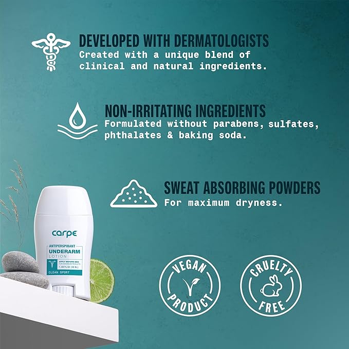Carpe Deodorant Underarm Antiperspirant - Advanced Sweat & Odor Protection Formula - Sport Deodorant for Men & Women - Combat Excessive Sweating with Odor Control - Clean Sport Scent (Pack of 3)