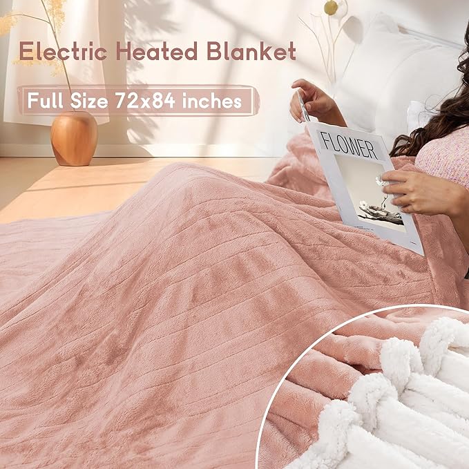 Heated Blanket Electric Blanket Full Size 72''x84'' with 9 Heating Levels, 1-10 Hour Auto Shut Off, Machine Washable, Flannel & Sherpa Soft Warming Blanket for Couch, Bed, Office - Cozy Pink