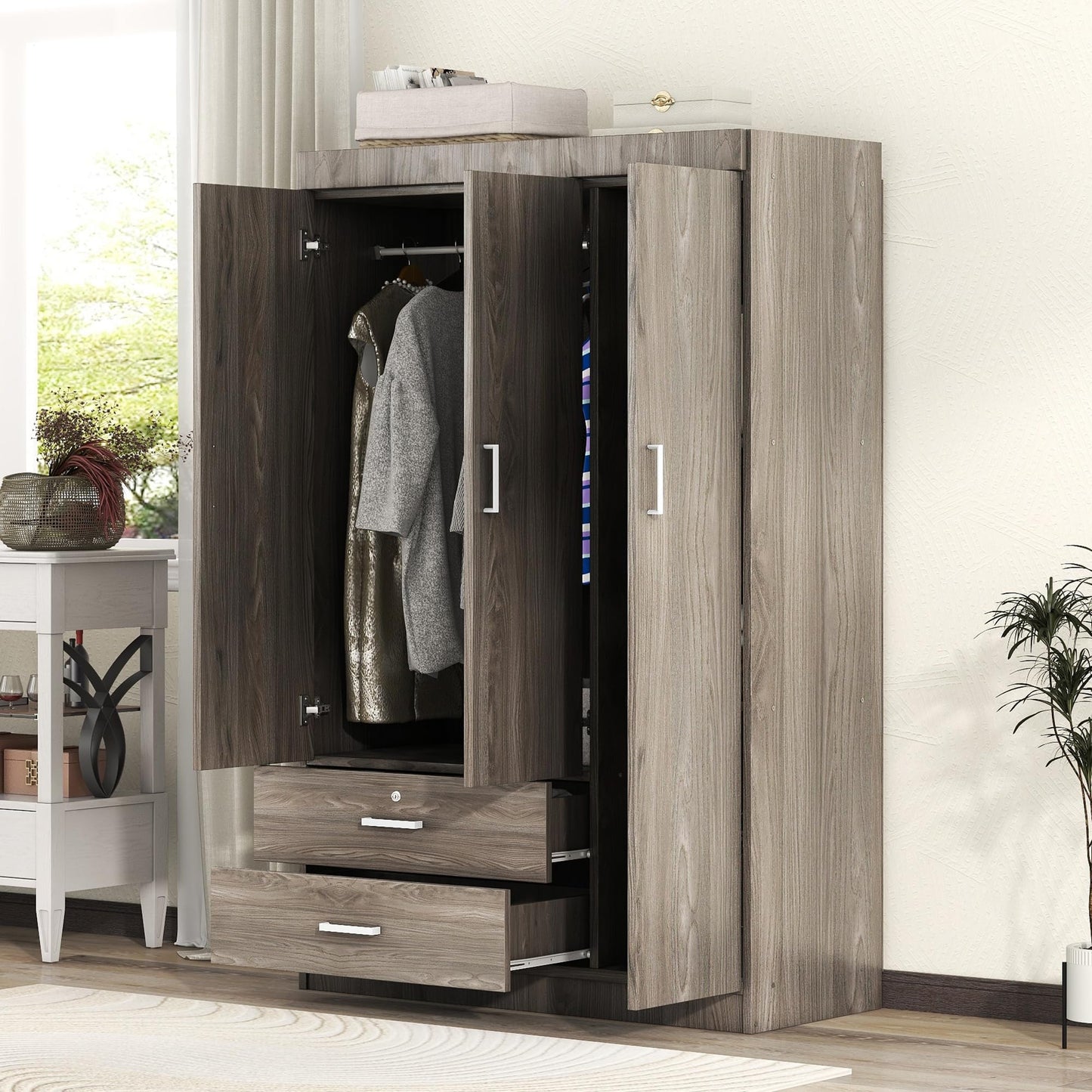 Merax 3 Door Wardrobe Cabinet Closet with Storage Drawers, Shelves and Hanging Rail for Clothes, Bedroom Organizer Funiture