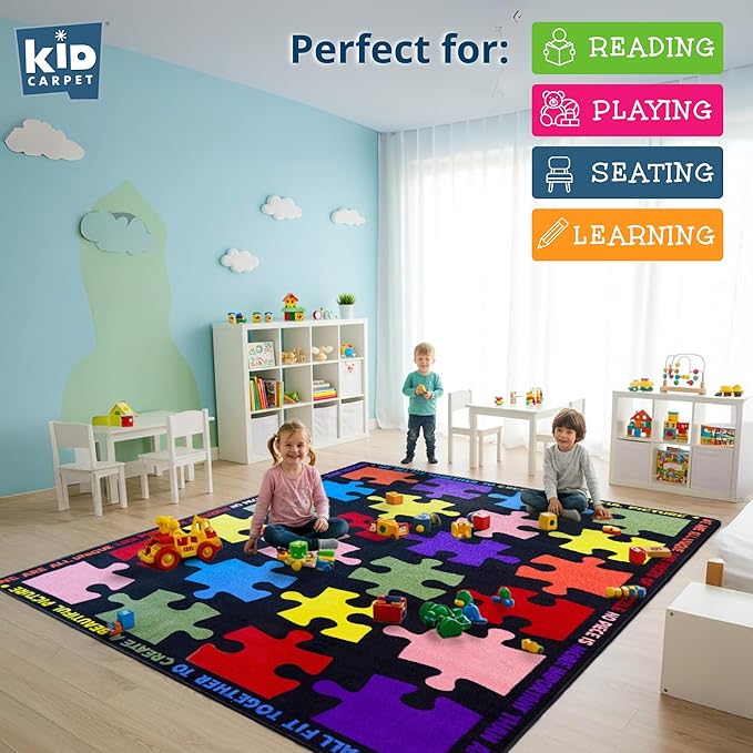 KIDCARPET.COM Pieces of The Puzzle Classroom Seating Rug 7'6" x 12' Rectangle, Educational Classroom Rug, Kids Learning Play Mat | Area Rug for Bedroom or Playroom