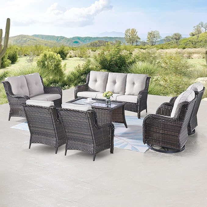 Belord Outdoor Wicker Furniture Patio Set - 7 Piece Backyard Furniture Brown Rattan Conversation Sets with Swivel Rocker Chairs, Rattan Sofa, Club Chairs and Coffee Table, Beige Cushion