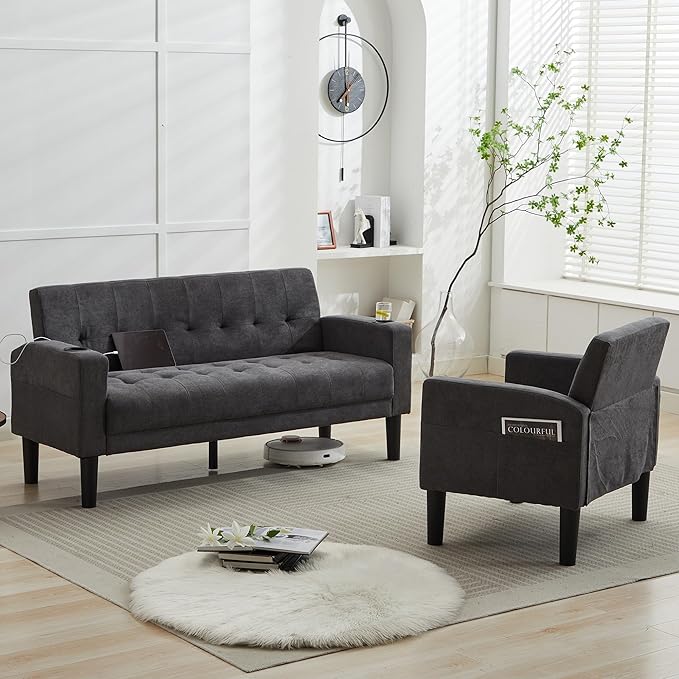 TYBOATLE Sofa Couch, Living Room Furniture Sectional Sofa Sets 2 Pcs, Tufted Mid-Century Loveseat w/USB, Cupholders & Comfy Single Sofa for Small Space, Apartment, Office (Dark Grey)