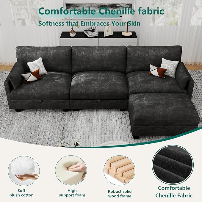 OhaiAura Modular Sectional L Shaped Sofa Couches for Living Room, Cloud Couch with Storage Ottoman, Comfy Chenille Sofa with Pillow, Black