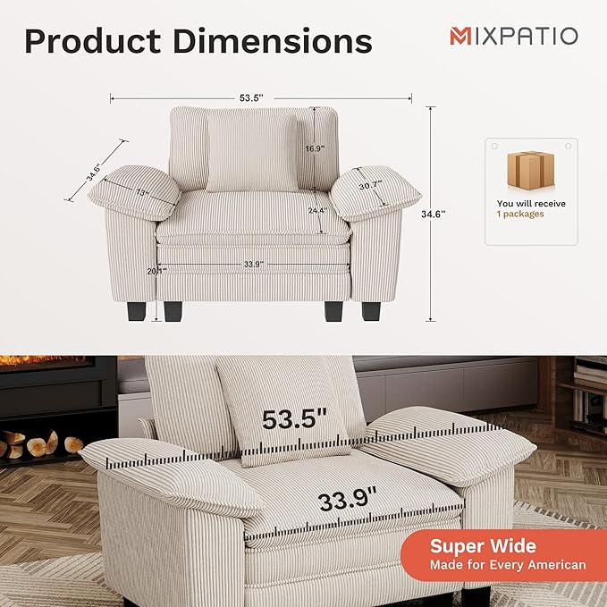 MIXPATIO 53.5" Cloud Modular Sectional Single Sofa, Deep Seat Armchair with Plush Corduroy & Removable Arms for Living Room, Beige