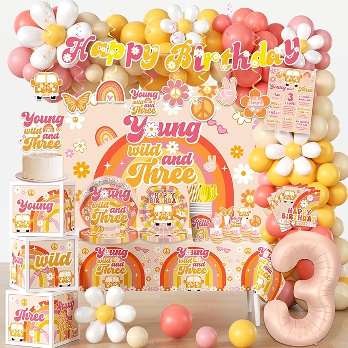 263pcs Young Wild and Three Party Decorations, Boho Groovy Daisy 3rd Birthday Decorations for Girls with Balloon Arch Tabl...